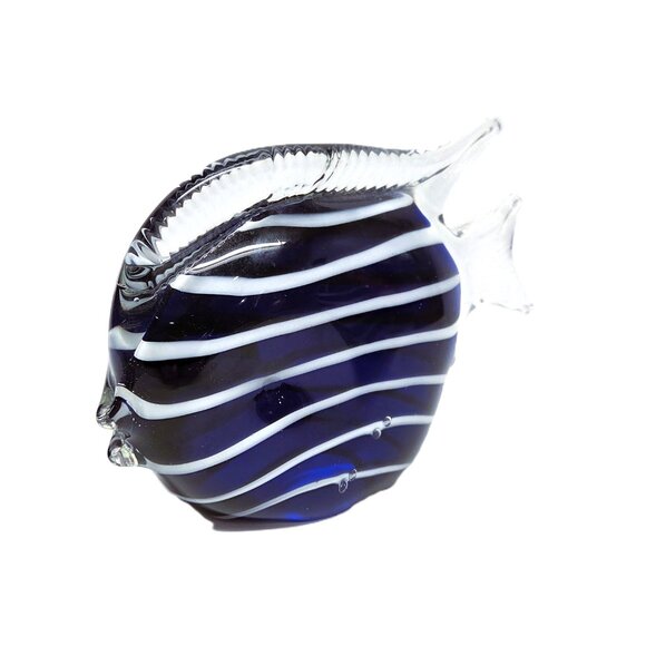 Art Glass Fish Pair Blue Figurine Statue Paperweight Lot Set Striped Beach Decor - Picture 4 of 14